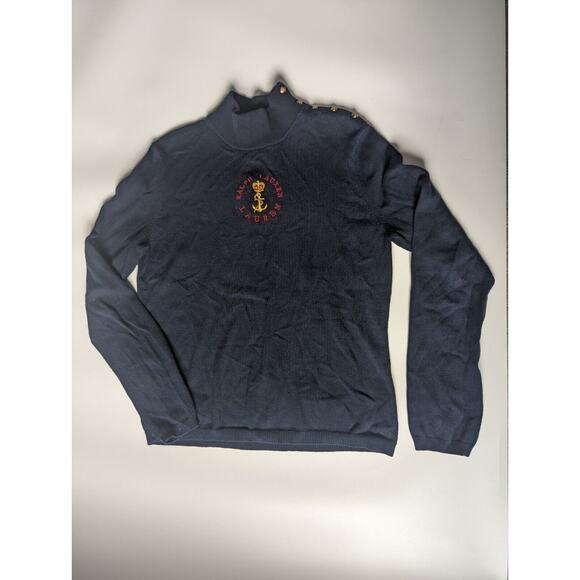 LAUREN RALPH LAUREN Preppy Med Navy Sweater Gold Button Anchor Crown Embroidery - Picture 1 of 7